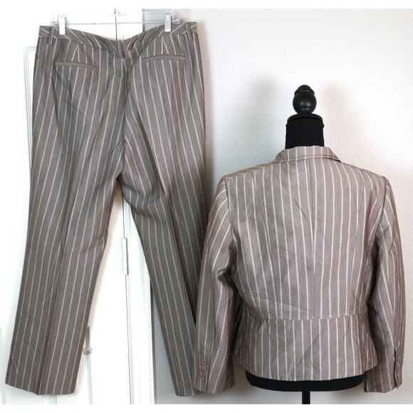 Vintage Y2K Taupe PIN STRIPED Pant Suit SET Women 14 Wide Leg Boot COTTON Work - Picture 5 of 8